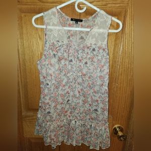 New 15 Fifteen Sand Dollar Sheer Lace Floral Sleeveless Ruffle Tie Neck Blouse